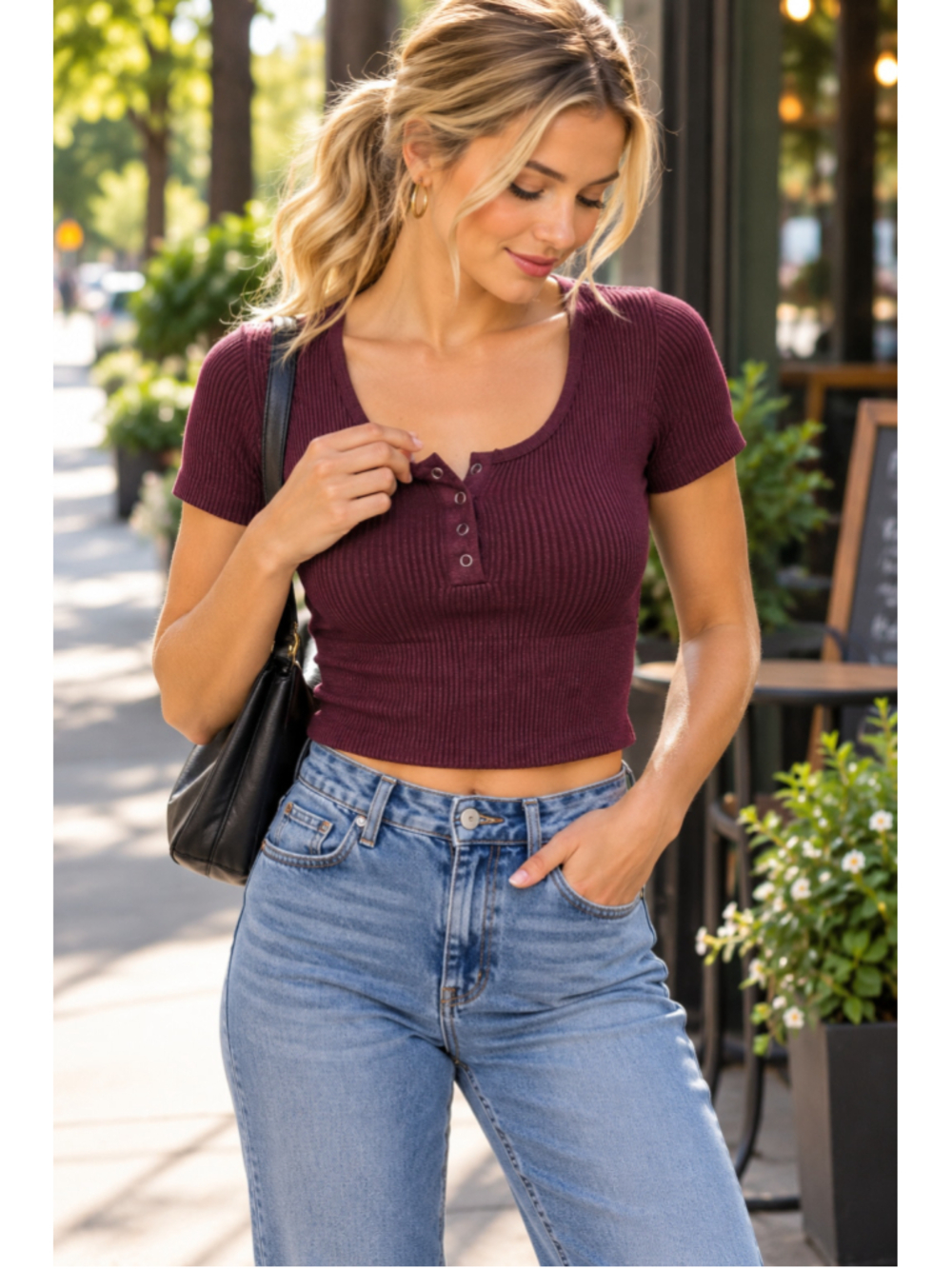 Aura Burgundy Ribbed Crop Tee Womens Small Medium Snap Button Stretch Top